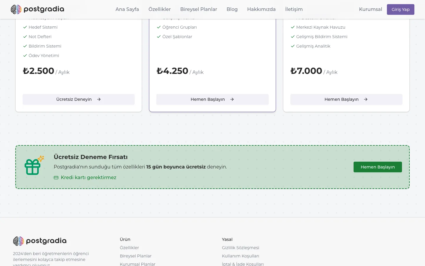 Individual plans with monthly prices and a free-trial banner.