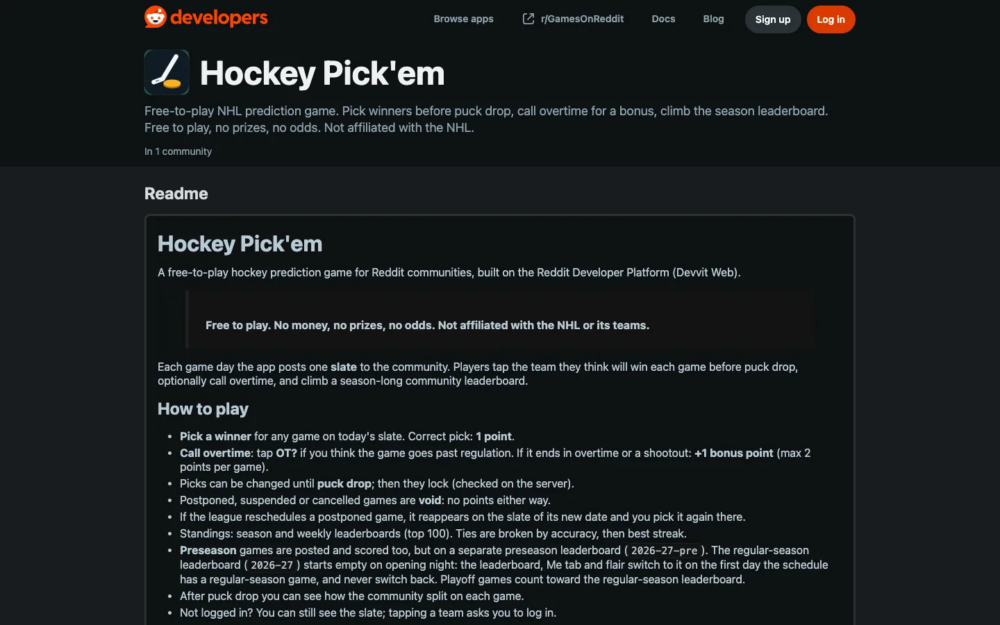 Hockey Pick’em’s public listing on Reddit’s developer platform.